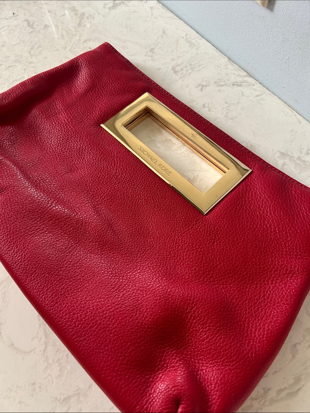 Michael Kors Red Pebbled Leather Clutch with Gold Handle